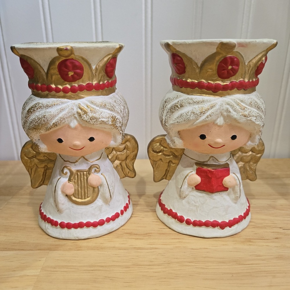 2 Vintage Homco Ceramic Candle Holders Pair Christmas Angels Crowns #5203